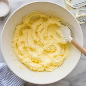 Pale butter and sugar mixture beaten until fluffy