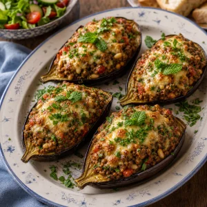 Finished stuffed eggplants are garnished with fresh mint and parsley before serving.