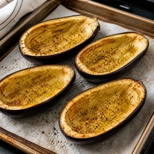 Oiled and seasoned eggplant halves roast on a baking sheet until slightly softened.
