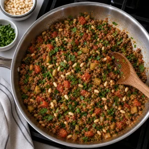 Pine nuts, fresh parsley, and mint are folded into the lamb and tomato filling.