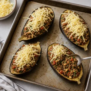 Roasted eggplant shells are filled with lamb mixture and topped with shredded cheese before baking.