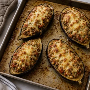 Stuffed eggplants bake until the cheese is melted and golden.
