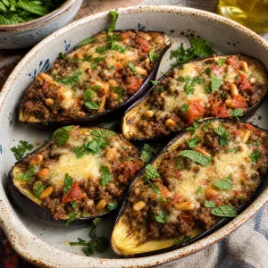 Stuffed eggplants with lamb, tomatoes, pine nuts, herbs, and golden melted cheese on a serving dish.