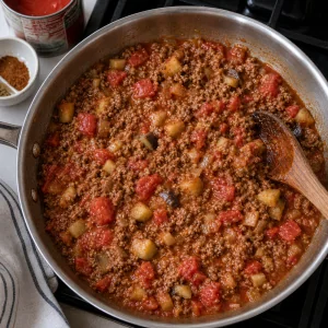 The lamb filling simmers with tomatoes, chopped eggplant, cinnamon, and cumin until slightly thickened.