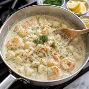 Crab meat, fresh dill, lemon, and Dijon folded into shrimp and scallops in creamy sauce.