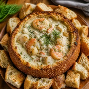 Creamy seafood mixture served in a toasted sourdough bread bowl with fresh dill and bread pieces.