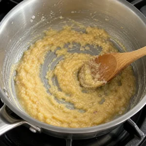 Flour stirred into butter, shallots, and garlic to form a pale roux in a saucepan.