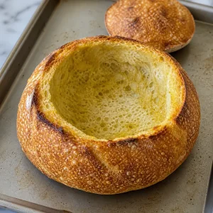 Hollowed sourdough loaf brushed with olive oil and toasted on a baking sheet for a seafood bread bowl.