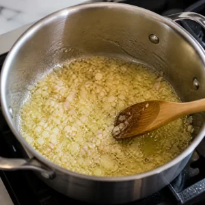 Minced shallots and garlic sizzling in melted butter in a saucepan.