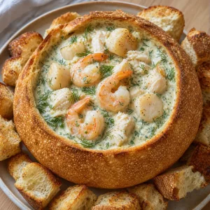 Stuffed sourdough bread bowl filled with creamy dill seafood sauce, shrimp, scallops, crab, and toasted bread pieces.