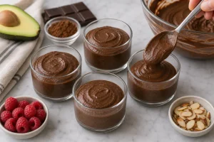 Mousse de aguacate y chocolate repartido en cuatro vasos
