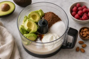 Cacao, endulzante, yogur griego, vainilla, leche de almendras y sal anadidos al aguacate