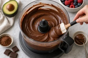 Mousse de aguacate y chocolate negro triturado hasta quedar liso y brillante