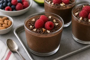 Mousse de aguacate y chocolate sin azucar terminada y servida fria
