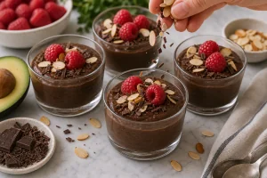 Mousse decorado con frambuesas, almendras tostadas y virutas de chocolate sin azucar