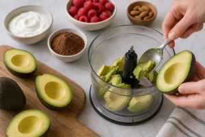 Aguacates maduros cortados, sin hueso y colocados en el procesador