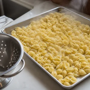 Cooked shell pasta spread on a sheet pan beside a colander
