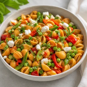 Finished pasta salad with peas, snow peas, goat cheese, basil, and roasted red pepper dressing