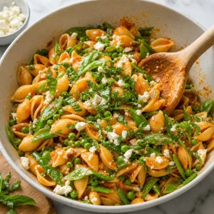 Peas, snow peas, goat cheese, and basil folded into dressed shell pasta