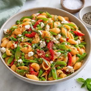 Rested pasta salad ready to serve with salt and pepper nearby