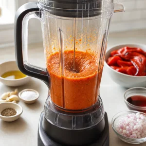 Roasted red pepper vinaigrette blending in a blender