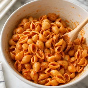 Shell pasta coated with roasted red pepper vinaigrette in a mixing bowl