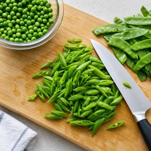 Sliced snow peas on a cutting board with a bowl of peas