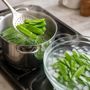 Snow peas lifted from boiling water into an ice bath