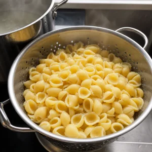 Conchiglie cotte che scolano in uno scolapasta di metallo