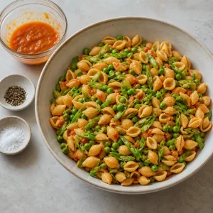 Insalata di pasta condita a riposo con altra vinaigrette, sale e pepe accanto
