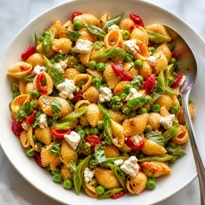 Insalata di pasta pronta con piselli, taccole, formaggio ed erbe