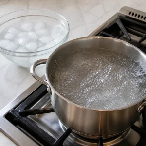 Pentola di acqua bollente con una ciotola di acqua ghiacciata accanto