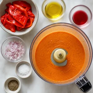 Vinaigrette al peperone rosso arrostito nel mixer con ingredienti accanto