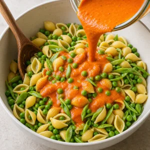 Vinaigrette al peperone versata su pasta, piselli e taccole