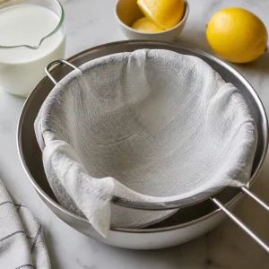 Cheesecloth-lined strainer set over a bowl for draining ricotta