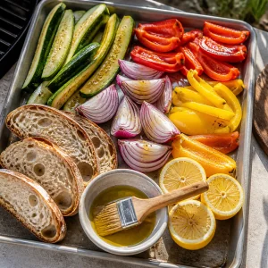 Sliced vegetables, sourdough, and lemon brushed with olive oil before grilling