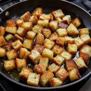 Bread cubes toasting in olive oil until golden
