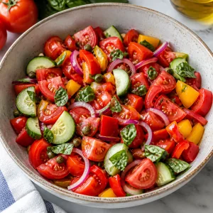Chopped tomatoes, cucumber, peppers, onion, basil, and capers in a bowl