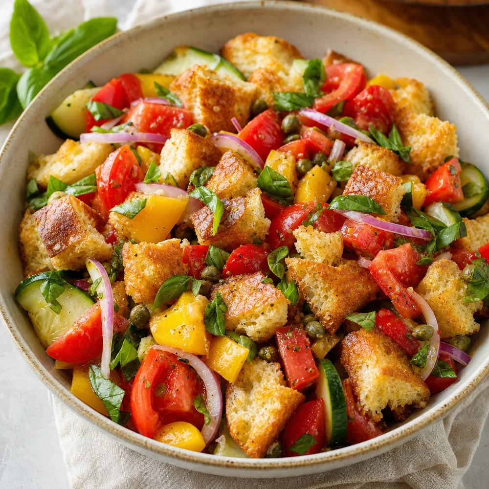 Finished panzanella salad with toasted bread, tomatoes, cucumber, peppers, basil, and capers
