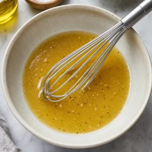 Glossy vinaigrette emulsified in a bowl with a whisk