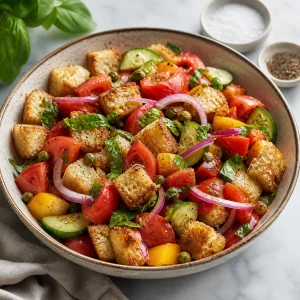 Seasoned panzanella resting in a serving bowl