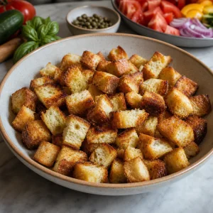 Toasted bread cubes cooling in a wide bowl