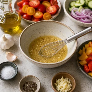 Vinaigrette base with garlic, mustard, vinegar, salt, and pepper in a bowl