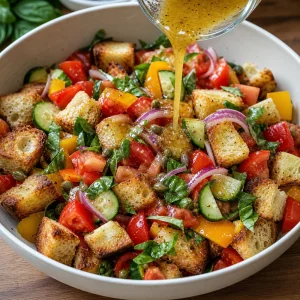 Vinaigrette being drizzled over bread and vegetables for panzanella