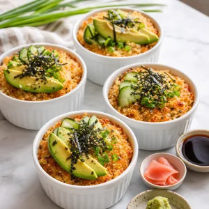 Finished sushi bake cups garnished with avocado, cucumber, nori, and green onion