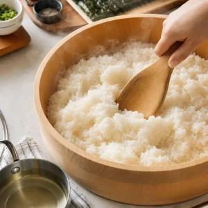Folding seasoned rice vinegar into warm sushi rice
