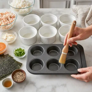 Greasing ramekins and a muffin tin for sushi bake cups