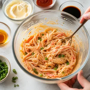Mixing shredded crab with spicy mayo and green onion