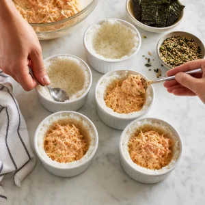 Pressing sushi rice into cups and filling with spicy crab