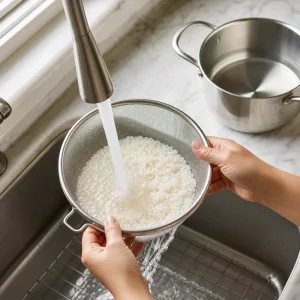 Rinsing sushi rice under cold water before cooking